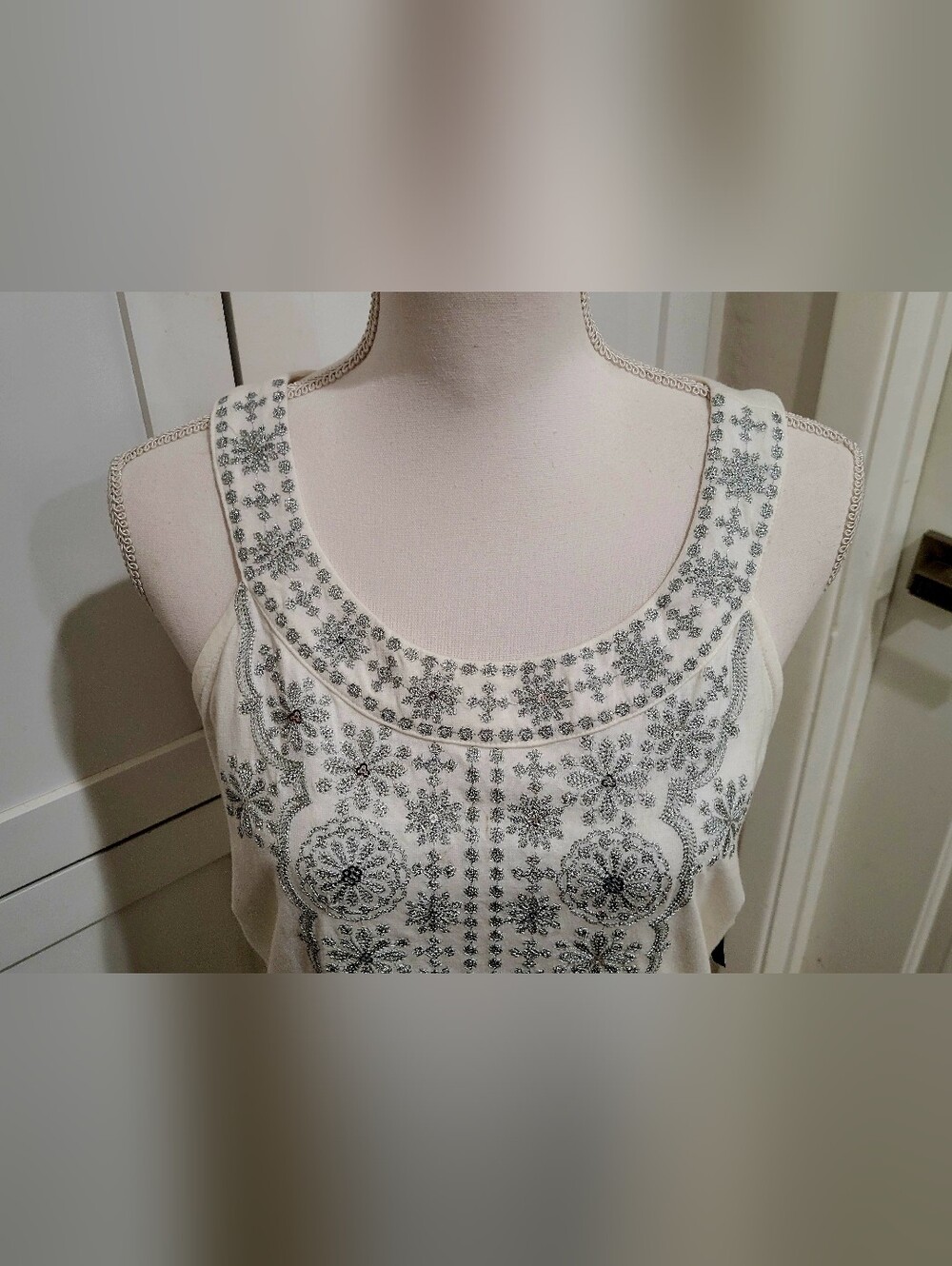 NWT INC International Concepts White Sleeveless Midi Dress w/Silver Embroidery L - Picture 3 of 8